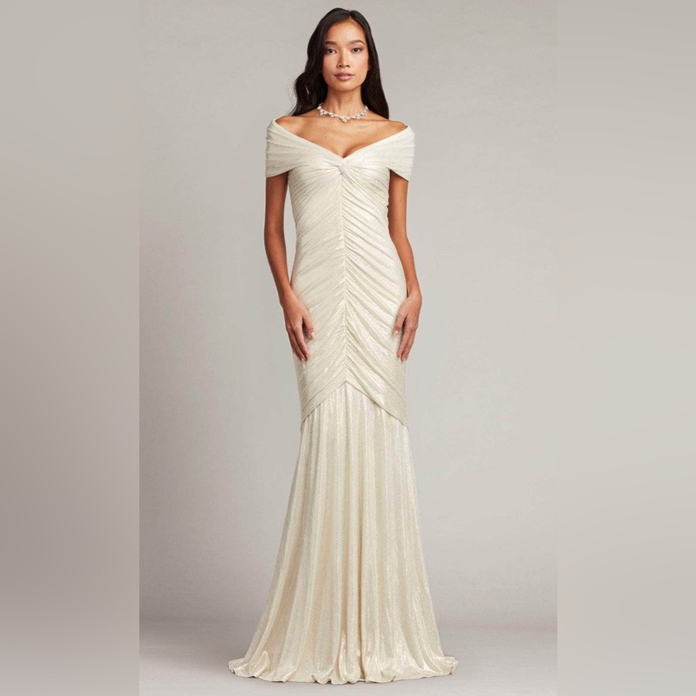 NWT Tadashi Shoji Ivory Sequin Off the Shoulder Gown dress bridaly